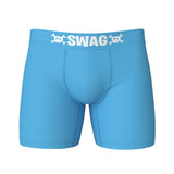A pair of solid sky blue boxers with a white elastic waistband featuring the SWAG logo.