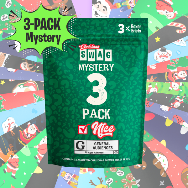 Green packaging of a 3-pack mystery box with Christmas-themed design on a colorful background